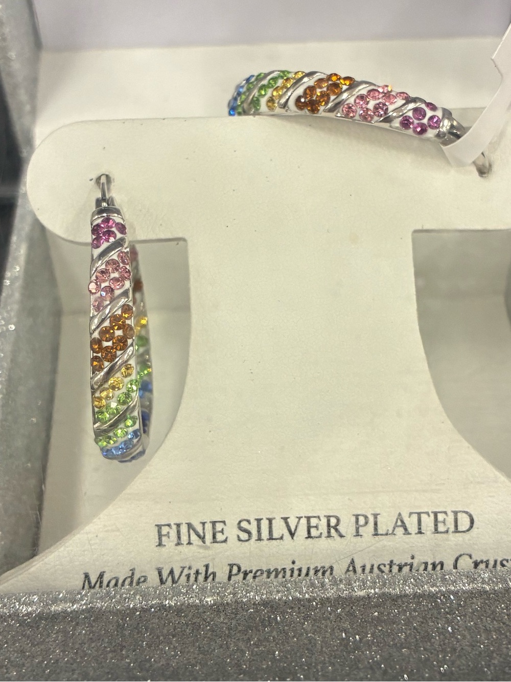 NWT silver rainbow gem oval hoop earrings, silver plated with Austrian crystals